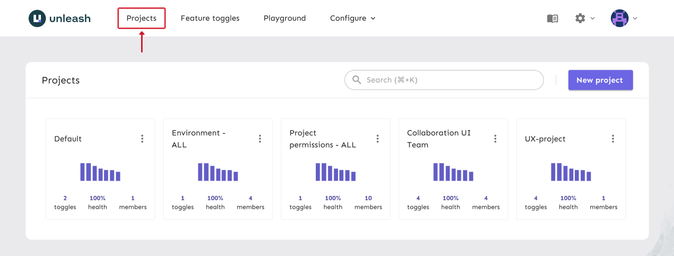 The Unleash admin UI with the &quot;Projects&quot; nav link in the top bar highlighted.